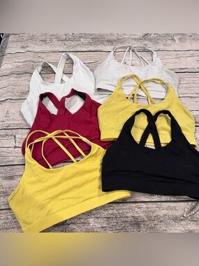 Set of 6 Running Girl Strappy Sports Bras White, Yellow, Red, and Black Size MED